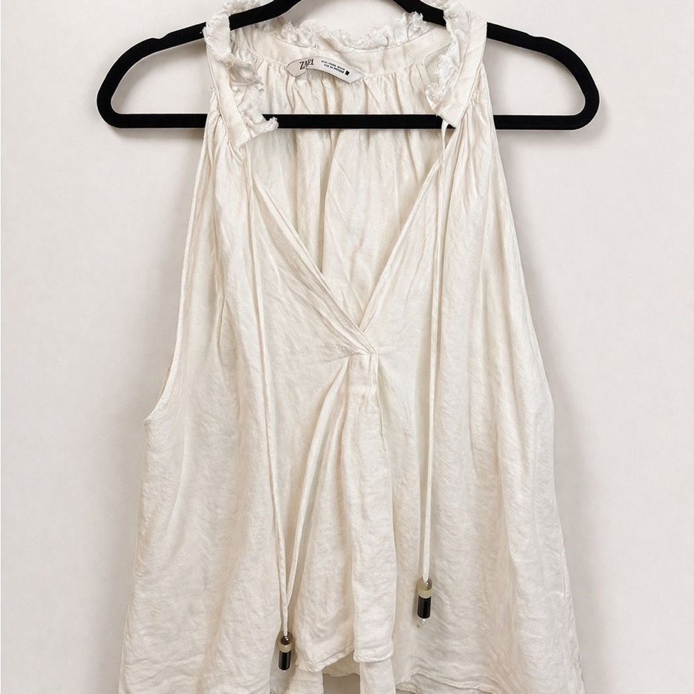 Zara White Boho Sleeveless Tunic Top Ruffle Neck Drawstring M